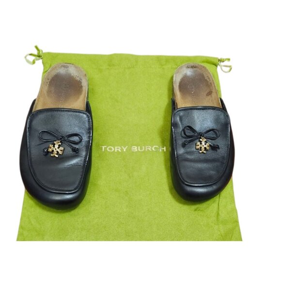 Tory Burch Charm Mules Flat Slip-on Black Genuine Leather Natural Cork US Size 7 - Picture 1 of 15